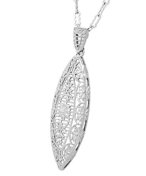 Art Deco Dangling Leaf Diamond Filigree Necklace in Sterling Silver - Item: N171WD - Image: 2