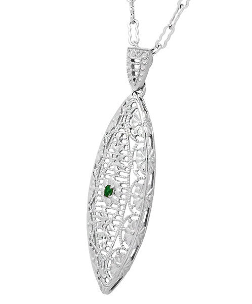 1920's Vintage Style Filigree Emerald Leaf Pendant Necklace in Sterling Silver - Item: N171WE - Image: 2