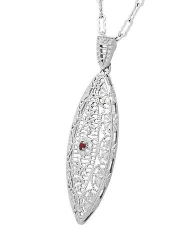 1920's Art Deco Dangling Leaf Filigree Ruby Necklace in Sterling Silver - alternate view