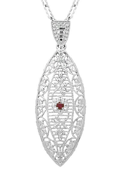 1920's Art Deco Dangling Leaf Filigree Ruby Necklace in Sterling Silver