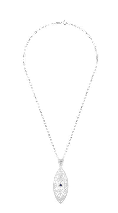 Art Deco Sterling Silver Blue Sapphire Filigree Leaf Necklace - Item: N171WS - Image: 3