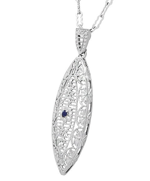 Art Deco Sterling Silver Blue Sapphire Filigree Leaf Necklace - Item: N171WS - Image: 2
