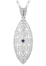 Art Deco Sterling Silver Blue Sapphire Filigree Leaf Necklace