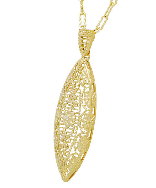 Art Deco Yellow Gold Vermeil Dangling Leaf Diamond Filigree Pendant Necklace - Item: N171YD - Image: 2