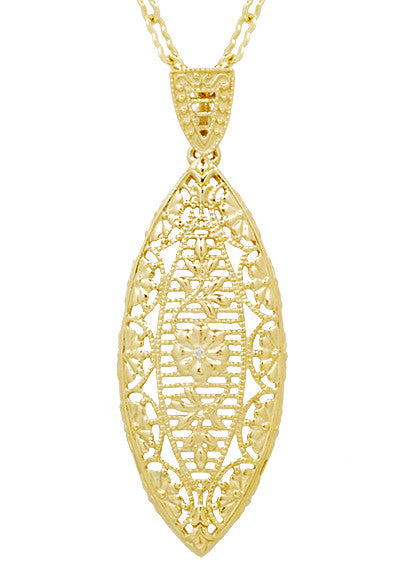 Art Deco Yellow Gold Vermeil Dangling Leaf Diamond Filigree Pendant Necklace