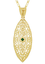 Art Deco Leaf Filigree Emerald Necklace in Yellow Gold Vermeil Over Sterling Silver