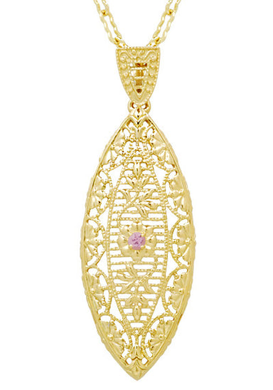Art Deco Filigree Leaf Pink Sapphire Pendant Necklace in Yellow Gold Vermeil