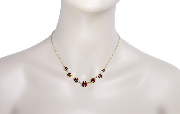 Victorian Bohemian Garnet Flowers Necklace in Sterling Silver with Yellow Gold Vermeil - Item: N178 - Image: 3