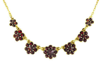 Victorian Bohemian Garnet Flowers Necklace in Sterling Silver with Yellow Gold Vermeil