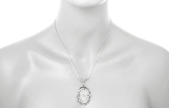 1920's  Filigree Oval Camphor Glass Sunray Crystal and Diamond Necklace in Sterling Silver - Item: N186 - Image: 4