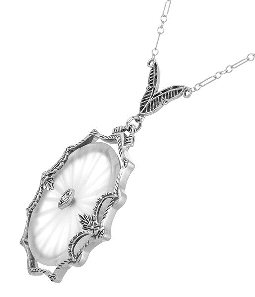 1920's  Filigree Oval Camphor Glass Sunray Crystal and Diamond Necklace in Sterling Silver - Item: N186 - Image: 2