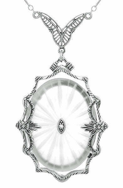1920's  Filigree Oval Camphor Glass Sunray Crystal and Diamond Necklace in Sterling Silver