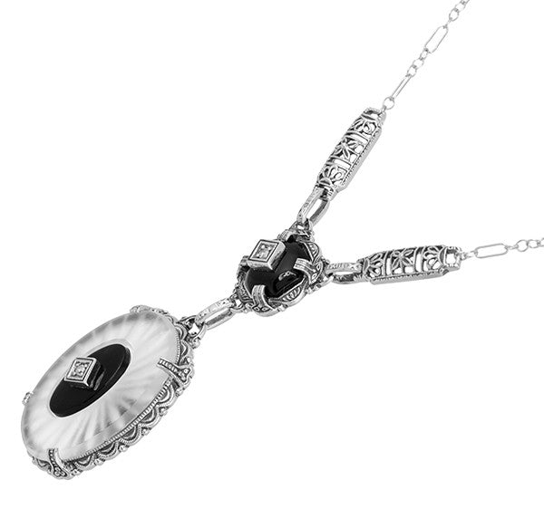 1920's Filigree Art Deco Lavalier Drop Necklace with Sun Ray Camphor Crystal, Black Onyx and Diamonds in Sterling Silver | Antique Replica - Item: N187 - Image: 2