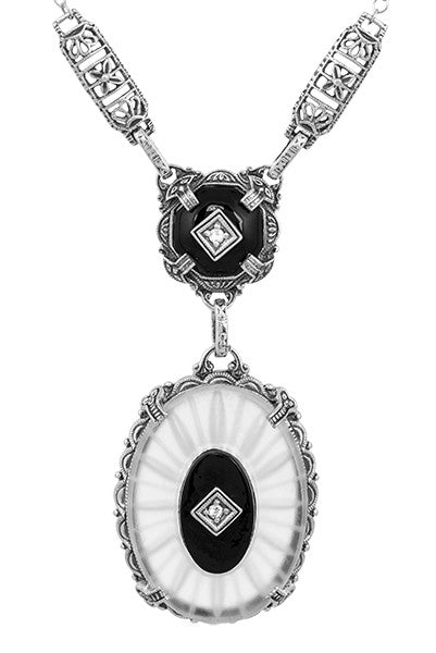 1920's Filigree Art Deco Lavalier Drop Necklace with Sun Ray Camphor Crystal, Black Onyx and Diamonds in Sterling Silver | Antique Replica