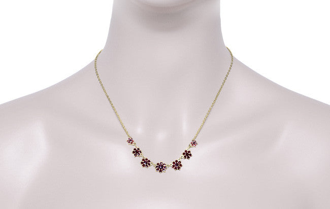 Victorian Bohemian Garnet Floral Necklace in Yellow Gold Vermeil Over Sterling Silver - Item: N113 - Image: 3