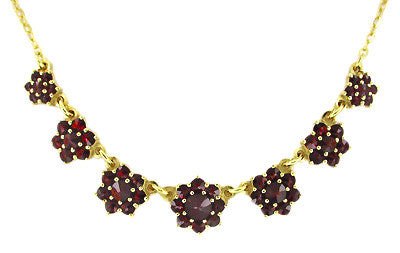 Victorian Bohemian Garnet Floral Necklace in Yellow Gold Vermeil Over Sterling Silver