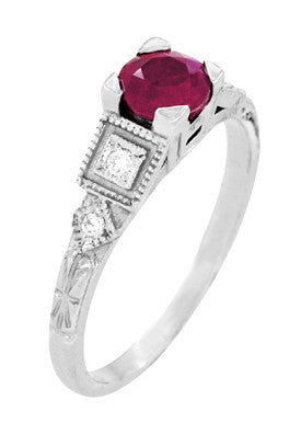 Ruby and Diamond Geometric Art Deco Engagement Ring in 18 Karat White Gold - Item: R207 - Image: 3