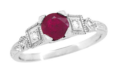 Ruby and Diamond Geometric Art Deco Engagement Ring in 18 Karat White Gold