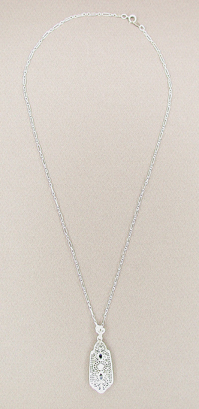 Art Deco Filigree Sapphire and Diamond Lavalier Pendant Necklace in 14 Karat White Gold - Item: NV231 - Image: 3