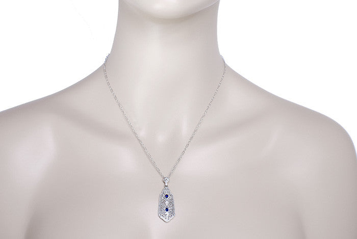 Art Deco Filigree Sapphire and Diamond Lavalier Pendant Necklace in 14 Karat White Gold - Item: NV231 - Image: 4
