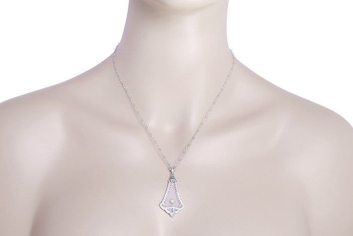 Art Deco Filigree Crystal and Diamond Pendant in 14 Karat White Gold - Item: NV25 - Image: 3