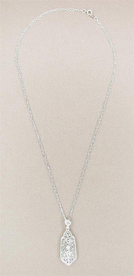 Art Deco Filigree Diamond Set Lavalier Pendant Necklace in 14 Karat White Gold - alternate view