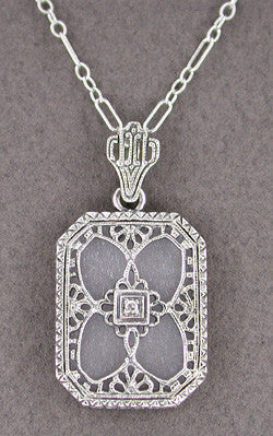 Art Deco Filigree Crystal and Diamond Set Rectangular Pendant Necklace in 14 Karat White Gold