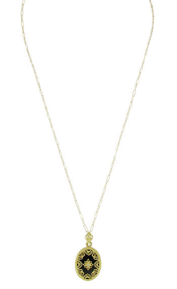 Art Deco Filigree Onyx and Diamond Set Pendant Necklace in 14 Karat Yellow Gold - alternate view