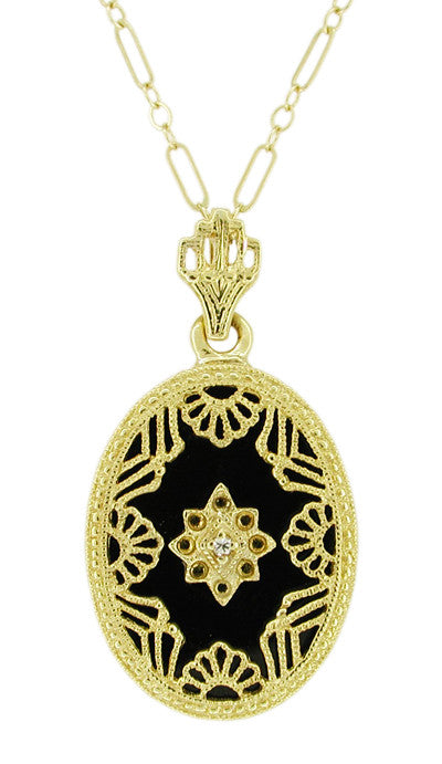 Art Deco Filigree Onyx and Diamond Set Pendant Necklace in 14 Karat Yellow Gold