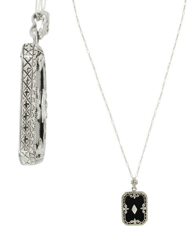 Art Deco Filigree Onyx Pendant Necklace with Diamond in 14 Karat White Gold - alternate view