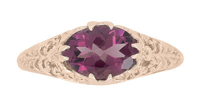 Edwardian Filigree 14 Karat Rose Gold East West Oval Rhodolite Garnet Engagement Ring - Item: R799RRG - Image: 5