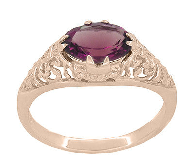 Edwardian Filigree 14 Karat Rose Gold East West Oval Rhodolite Garnet Engagement Ring - Item: R799RRG - Image: 2