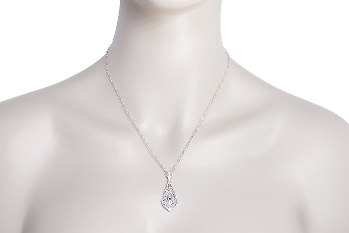 Art Deco Filigree Sapphire Pendant Necklace in 14 Karat White Gold - Item: P120S - Image: 2