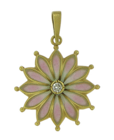 Plique A Jour Enameled Diamond Art Nouveau Pendant in 14 Karat Gold