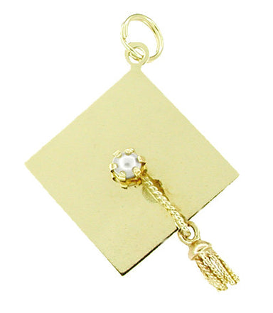 Pearl Set Graduation Cap Pendant Charm with Movable Tassel in 14 Karat Gold