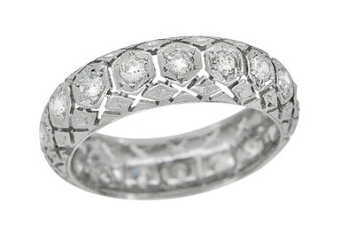 Art Deco Filigree Antique Diamond Wedding Band - 1920s Platinum Eternity Carved Design -  Size 6 R1068