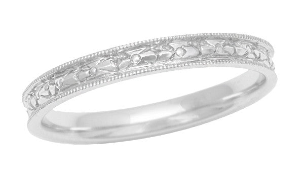 Edwardian Floral Carved Wedding Ring in 14 Karat White Gold