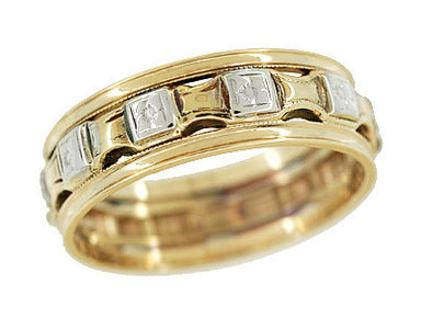 Antique Victorian Flowers and Bars Wedding Ring in 14 Karat White and Yellow Gold - Size 7