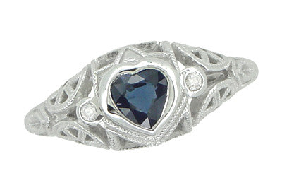 Art Deco Heart Sapphire and Diamond Filigree Ring in 14 Karat White Gold - Item: R1119 - Image: 3