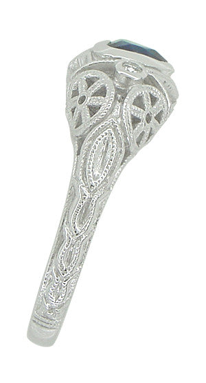Art Deco Heart Sapphire and Diamond Filigree Ring in 14 Karat White Gold - Item: R1119 - Image: 4