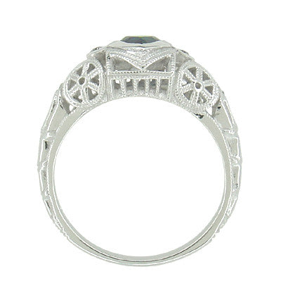 Art Deco Heart Sapphire and Diamond Filigree Ring in 14 Karat White Gold - Item: R1119 - Image: 5
