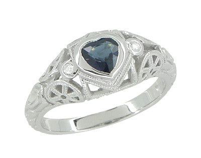 Art Deco Heart Sapphire and Diamond Filigree Ring in 14 Karat White Gold - Item: R1119 - Image: 6