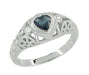 Art Deco Heart Sapphire and Diamond Filigree Ring in 14 Karat White Gold