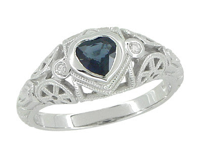 Art Deco Heart Sapphire and Diamond Filigree Ring in 14 Karat White Gold