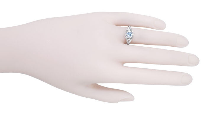 Art Deco Heart Blue Topaz and Diamond Filigree Ring in 14 Karat White Gold | Vintage Inspired - Item: R1119BT - Image: 5