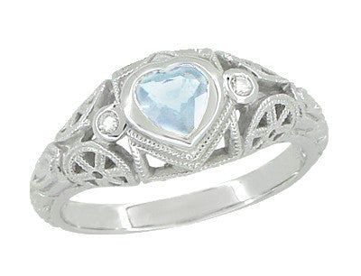 Art Deco Heart Blue Topaz and Diamond Filigree Ring in 14 Karat White Gold | Vintage Inspired