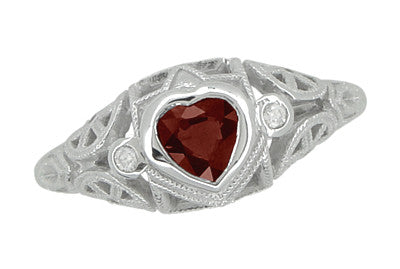 Art Deco Heart Shaped Almandine Garnet and Diamond Filigree Ring in 14 Karat White Gold - Item: R1119G - Image: 3