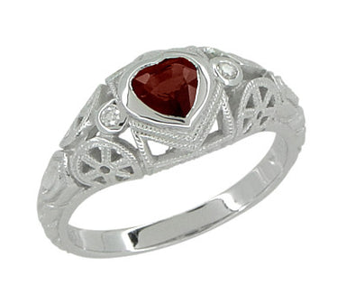 Art Deco Heart Shaped Almandine Garnet and Diamond Filigree Ring in 14 Karat White Gold - alternate view
