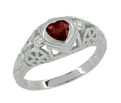 Art Deco Heart Shaped Almandine Garnet and Diamond Filigree Ring in 14 Karat White Gold - Item: R1119G - Image: 2