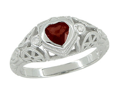 Art Deco Heart Shaped Almandine Garnet and Diamond Filigree Ring in 14 Karat White Gold
